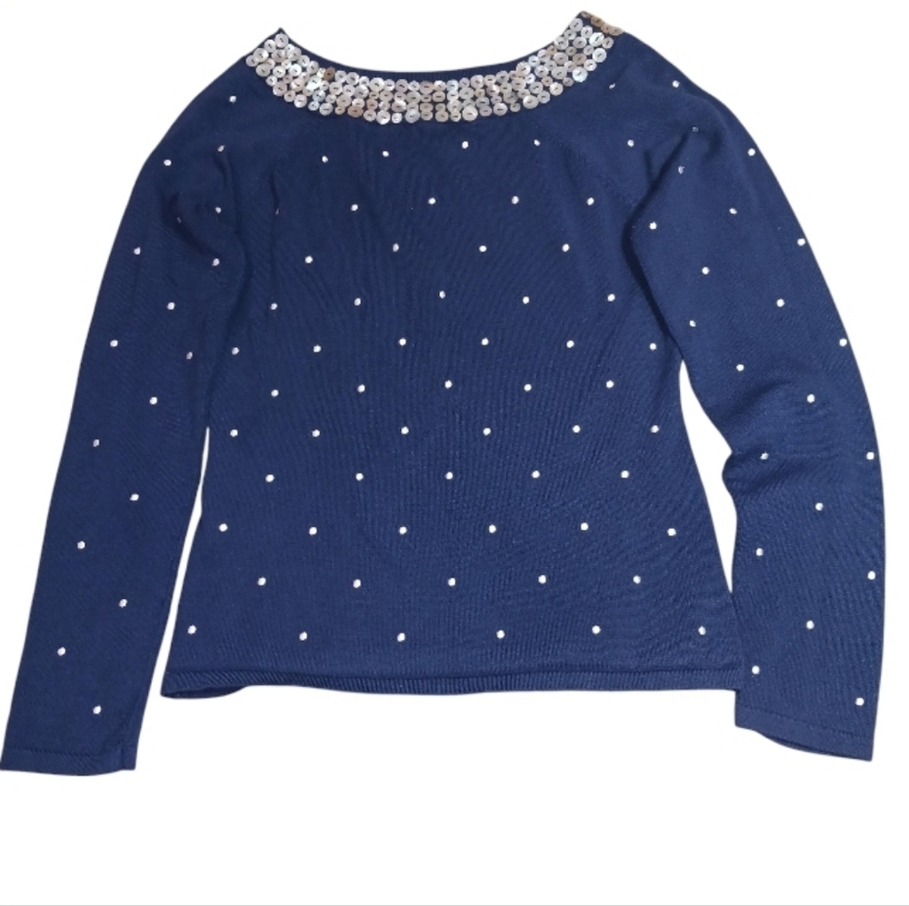 Peck and Peck knit blue top mother of pearl buttons polka dot Size L rayon nylon